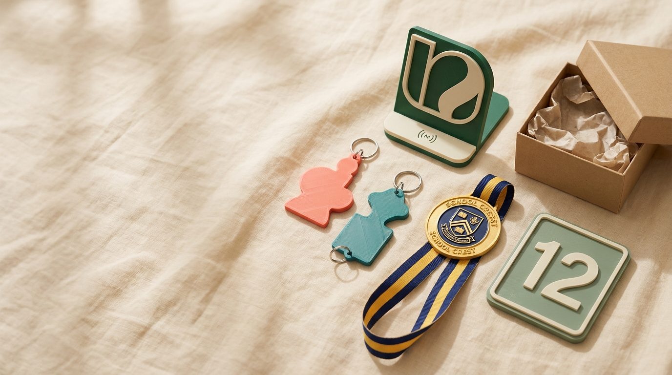 Logo review stand, keychains, a crest medal and a room plate