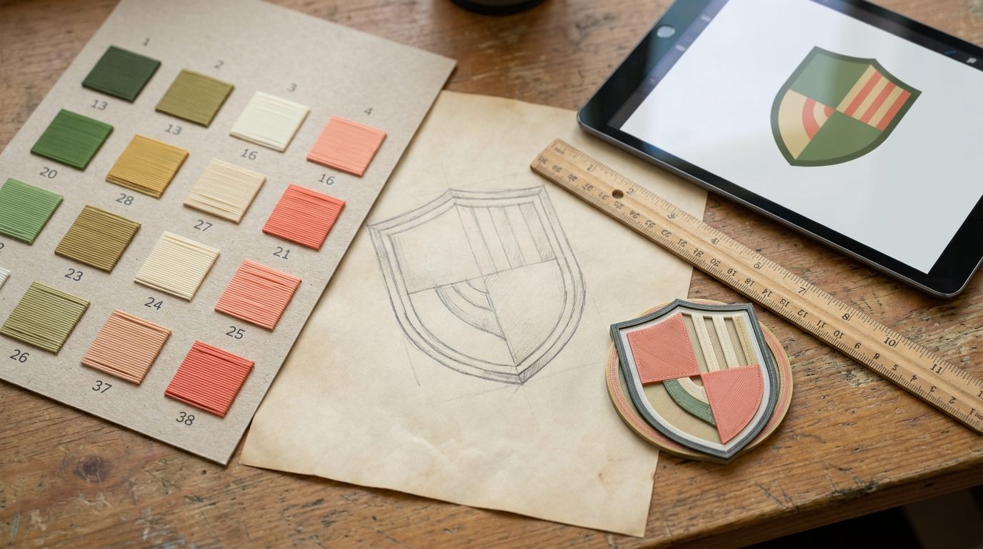 Colour swatches, a crest sketch and a finished medal on a designer's desk