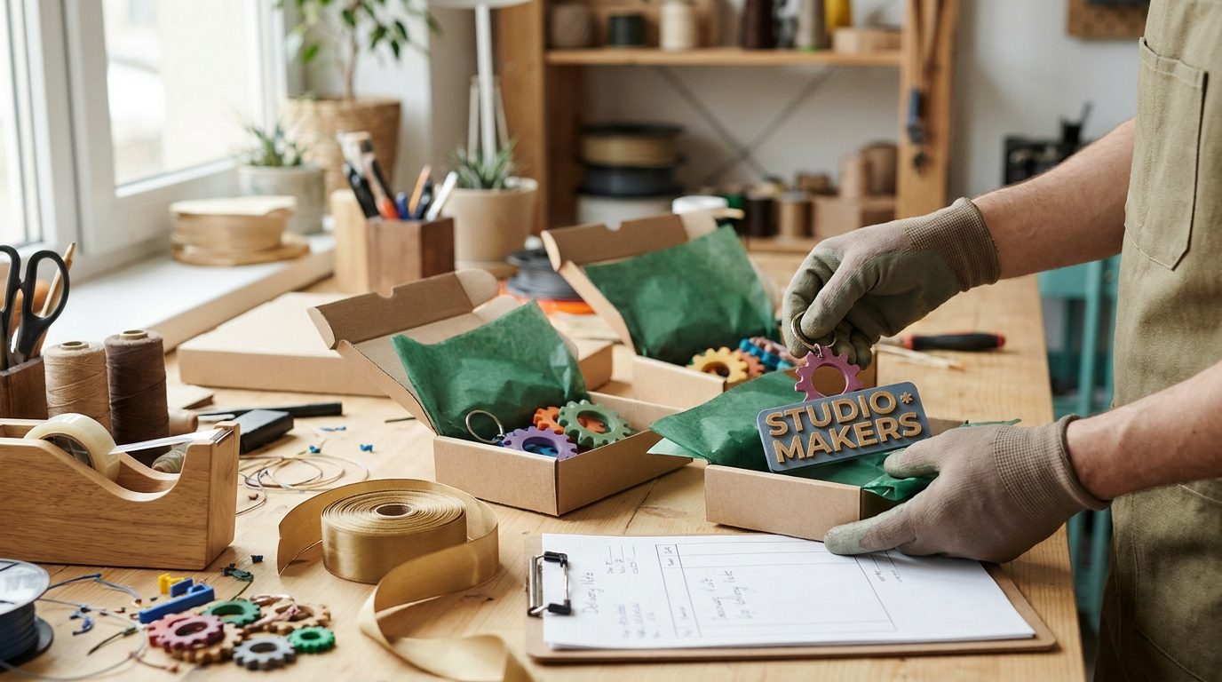 Finished pieces being packed into kraft boxes