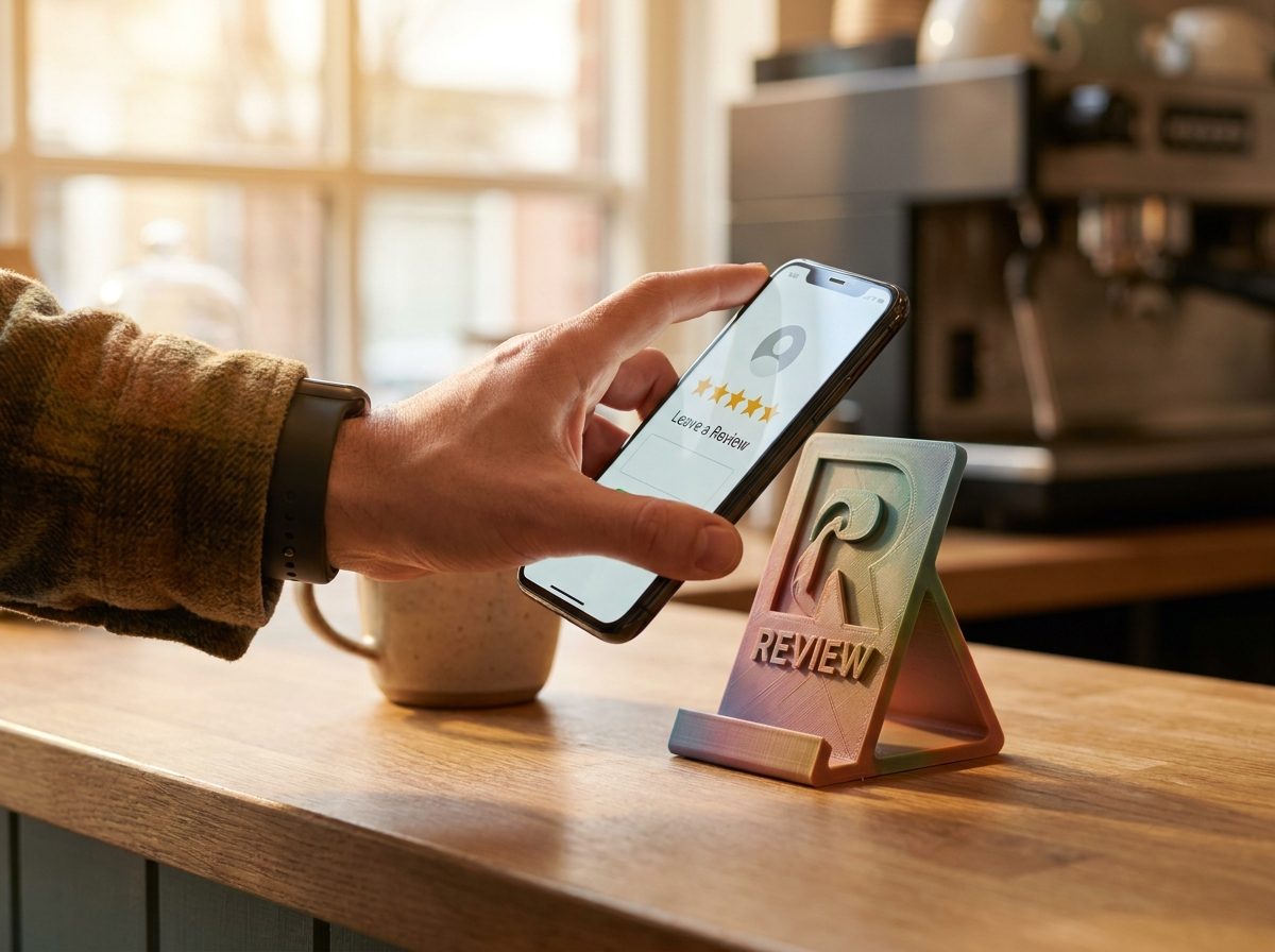 A phone tapping a logo-shaped review stand on a café counter